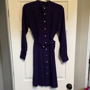 Ann Taylor Deep Purple Long Sleeve Pleated Dress With Belt